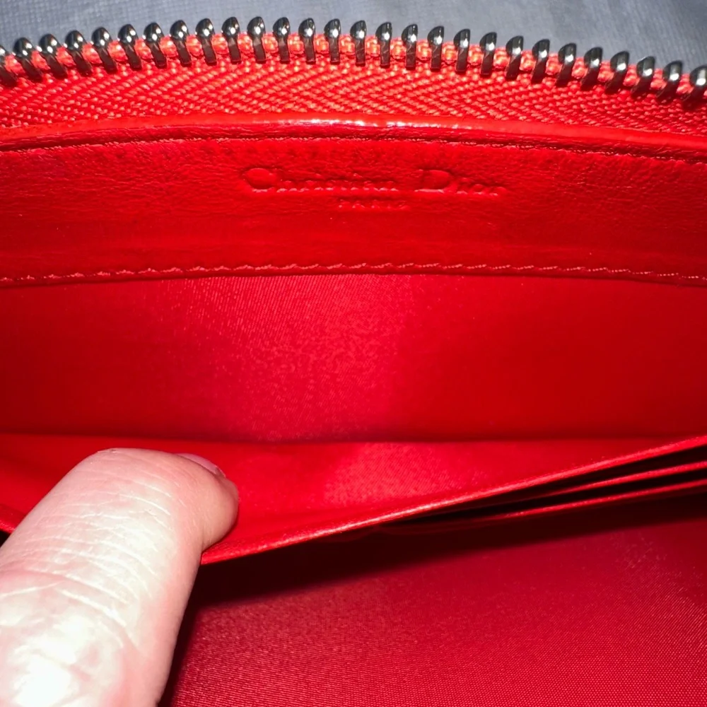 Christian Dior Red Enamel Embossed Patent Leather Large Zip Wallet